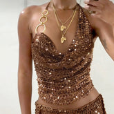 Brown Knit Sequin Cowl Ring Tie Up Crop Top