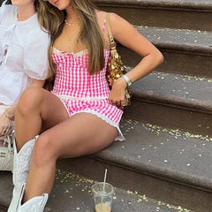 Plaid Lace Trim Bustier Crop Top And Shorts Set