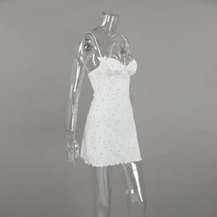 White Printed Ribbed Spaghetti Strap Nightie Sleepwear Dress