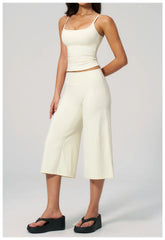 Solid Cami Removable Pads Top And Wide Leg Cropped Pants Set