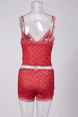 Heart Print Lace Trim Spaghetti Strap Crop Top And Shorts Pajama Set