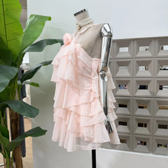Halter 3D Flower Tiered Ruffle Mini Dress