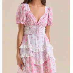 Flower Print Tiered Patchwork Short Sleeve Mini Dress