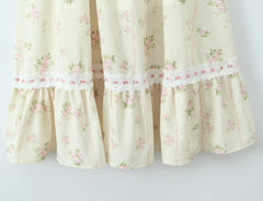 Floral Puff Sleeve Lace Trim Ruffle Hem Maxi Dress