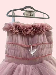 Pink 3D Flower Strapless Multi-Layer Tulle Maxi Dress