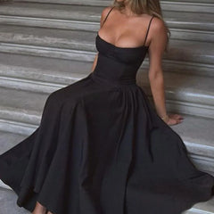 Solid Spaghetti Strap Bustier Pleated Midi Dress