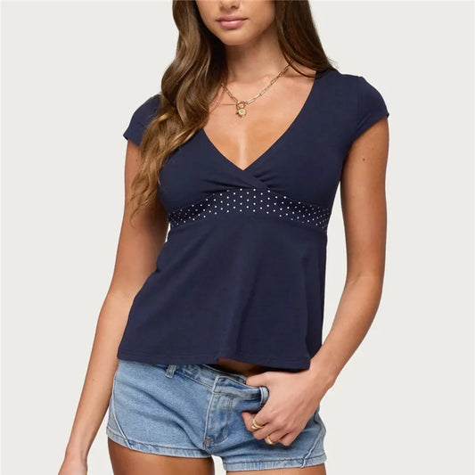 Polka Dot Waist Band V-Neck Cap Sleeve T-Shirt
