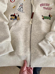 Dog Graphic Embroidery Zip-Up Hoodie