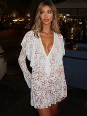 Lace Deep V-NeckLong Flare Sleeve Sheer Mini Dress