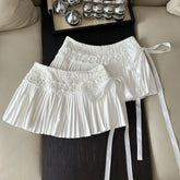 White Pleated Embroidered Bow Mini Skirt