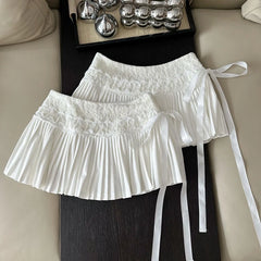 White Pleated Embroidered Bow Mini Skirt