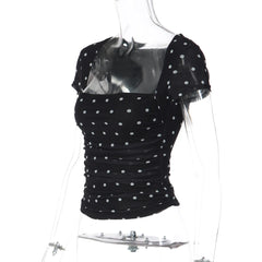 Black Polka Dot Mesh Short Sleeve Top