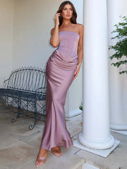 Satin Strapless Lace Up Corset Maxi Dress