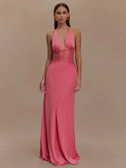 Satin Lace Patchwork V-neck Midi Dress