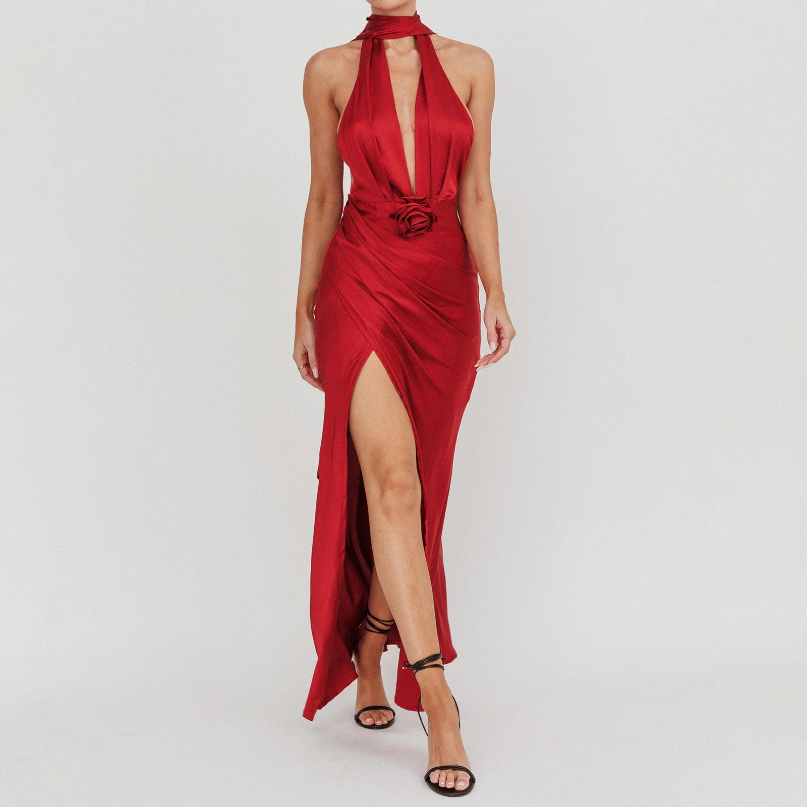 Red halter neck dress with a high slit - full view