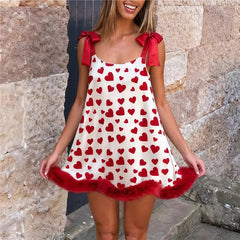 Heart Print Fur Ruffle Tie Strap Mini Dress