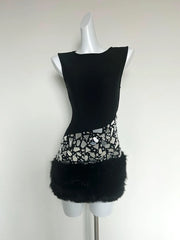 Black O Neck Diamond Beaded Fur Patchwork Mini Bandage Dress