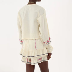 Long Sleeve Embroidered Tie Front Top And Mini Skirt Set