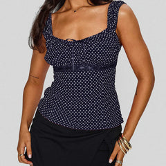 Babydoll Short Sleeve Polka Dot Tie Up Top