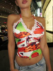 Printed Lace Patchwork Tank Top