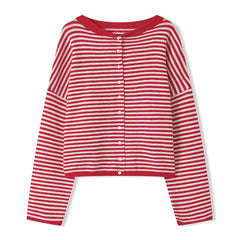Striped Crew Neck Open Front Button Down Cardigan