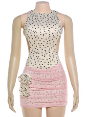 White Polka Dot 3D Applique Pink Ruched Mesh Open Back Bodycon Mini Dress