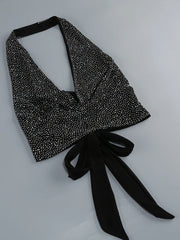 Black Rhinestone Cowl Neck Crop Tie Up Top And Wide Leg Pants Set