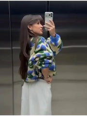 Embroidered Knit 3D Floral Print Zip Up Jacket