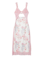 Floral Print Lace Patchwork Cutout V-Neck Midi Dress