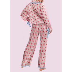 Strawberry Print Lace-up Button-up Shirt with Pockets And Pants Loungewear Set