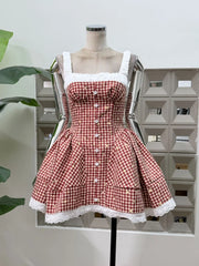 Flare Square Neck Plaid Mini Dress