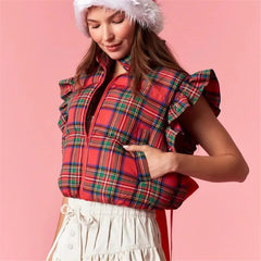 Red Plaid Ruffle Cap Sleeve Zip Cropped Puffer Vest