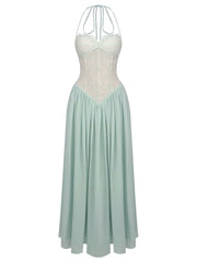 Halter Neck Lace Corset Tie Patchwork Long Dress