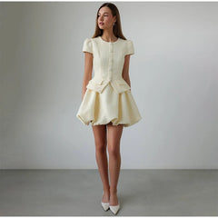 Tweed Puffy Sleeve Shirt And Bubble Skirt Set