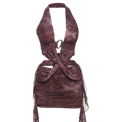 Print Metal Rings Halter Cross Tassel Mini Dress