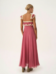 Pink Ruffle Lace Trim Maxi Dress