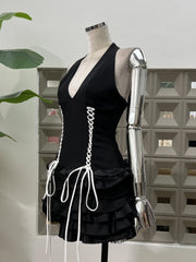 Black Halter Neck Lace-up Ruffles Mini Dress