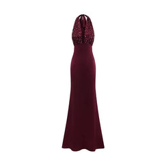 Burgundy Satin Sequin Plunge V-neck Drape Maxi Dress