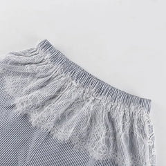 Lace Stripes Lapel Bell Sleeves Shirt And Shorts Set