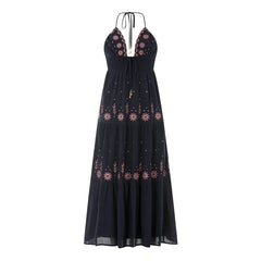 Embroidery Smocked V-Neck Halter Long Dress