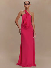 Rose 3d Flower Strap Halter Maxi Dress