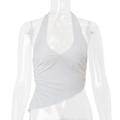 White Solid Halter Asymmetric Crop Top