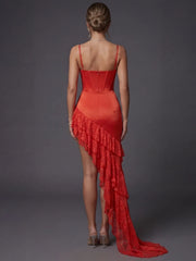 Spaghetti Strap Bustier Ruffes Tiered Hem Midi Dress
