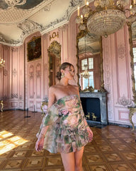 Chiffon Printed Strapless Ruffles Mini Dress