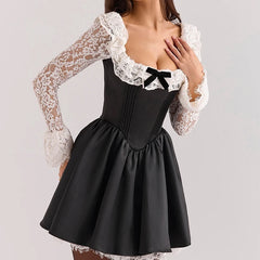 Black Long Sleeve Lace Hem Mini Dress