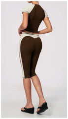Two-Tone Contrast Seam Crop Top And Capri Leggings Set