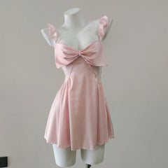 Ruffles Shoulder Strap Bow Mesh Night Dress