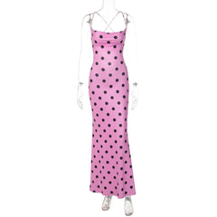 Pink Polka Dot Spaghetti Strap Lace-up Long Dress