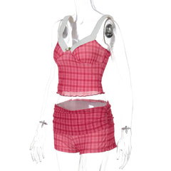 Red Plaid Ruffle Strap Crop Top and Shorts Set
