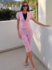 Pink Polka Dot Short Puff Sleeve Cropped Jacket And Capri Pants Set